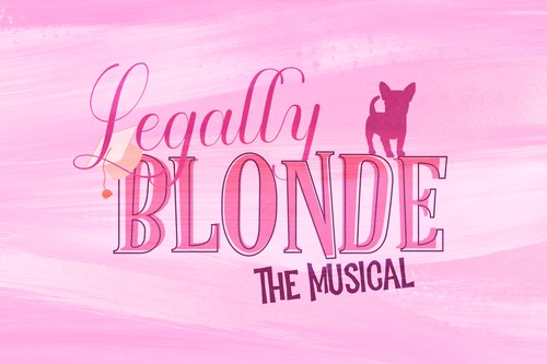 On a background streaked with shades of pink, we see Legally blonde, the musical, in pink letters outlined with purple. Standing on top of the d and e in blond is the purple silhouette of Bruiser, the main character's pet Chihuahua .