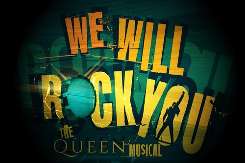 On a green background, we see the words "we will rock you, the queen musical" in orange and yellow letters. The O in rock is a bass drum, and the center of the O in You is formed by a silhouettes of Freddy Mercury raising his fist in the air.