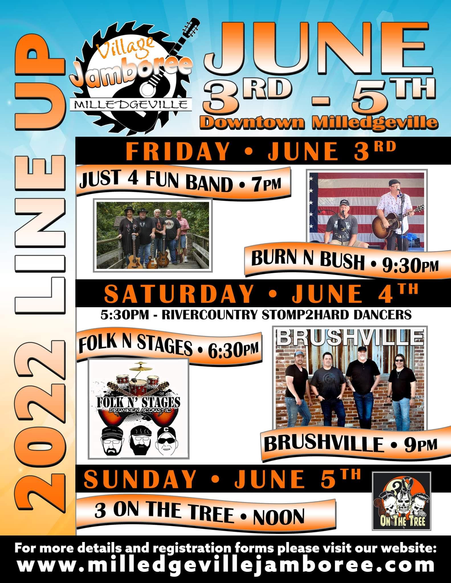 A flyer for the Milledgeville Village Jamboree, which will take place June 3rd through 5th, 2022. There will be performances by the Just 4 Fun Band, Burn N Bush, Folk N Stages, Brushville, and 3 on the Tree.
