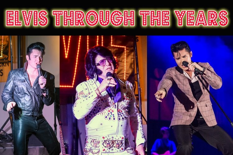 At top, words in red lettering made to look like they are lit by light bulbs. They read "Elvis through the years." Below them are three views of Elvis: Wearing the black leather 1968 comeback special suit, an older "Vegas" Elvis wearing a rhinestone-decorated jumpsuit, and a young Fifties era Elvis in a taupe sportscoat.