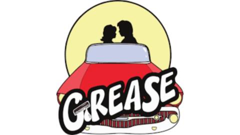 A woman and man are in silhouette, sitting in a red 1950's car. In front of the car is the word "Grease" in large white letters.
