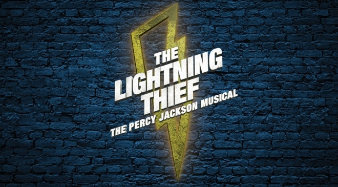 On a dark blue brick background, we see a gold lightning bolt and white block letters that say "The Lightning Thief, The Percy Jackson Musical."